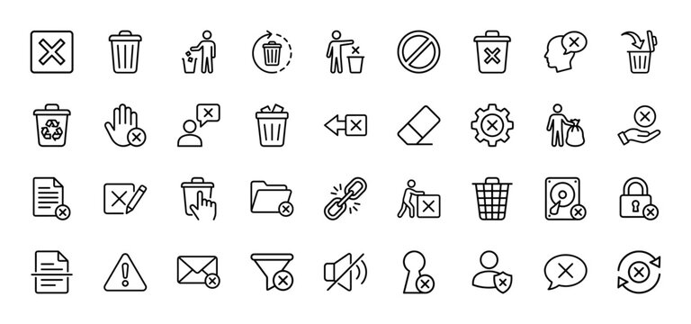 Delete and remove line icon set. Vector pictograms of trash can, bin, cancel cross, eraser, shredder, spam, broken link, reject hand, block user, thin outline illustration.