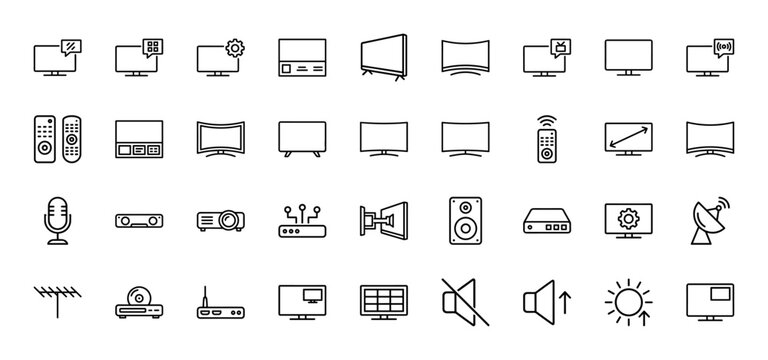 Home entertainment line icon set. Vector pictograms of tv screen, remote, projector, soundbar, satellite dish, antenna, router and speaker, thin outline illustration.