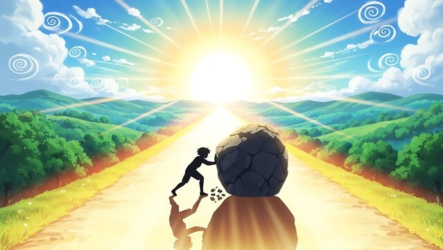 Anime boy pushing large boulder uphill towards bright sun and rolling hills Keywords: anime, boy, pushing, boulder, rock