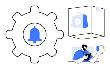 Notification management, eCommerce sales, consumer interaction, app optimization, digital settings, online shopping. Gear with bell, shopping bag user giving feedback. Notification management