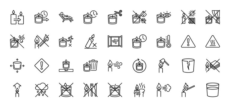 Candle safety line icon set. Vector pictograms of warning labels, fire prevention, wick trimming, usage instructions and hazardous conditions, thin outline illustration.