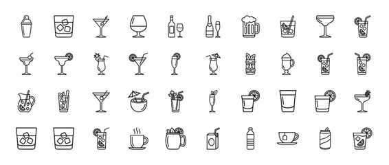 Fototapeta premium Beverage and cocktail line icon set. Vector pictograms of martini, beer, wine, whiskey, juice, coffee, tea, soda, and tropical drinks, thin outline illustration.