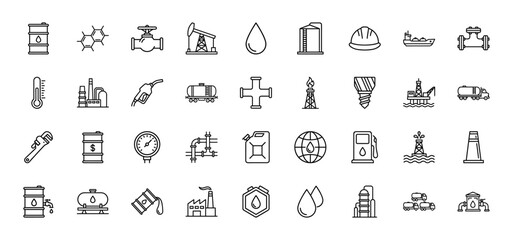 Fototapeta premium Oil and gas industry line icon set. Vector pictograms of refinery, barrel, pipeline, tanker, fuel, drill, offshore rig and petrol station, thin outline illustration.