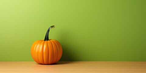 banner with one pumpkin on a bright green background with copy space, minimalism