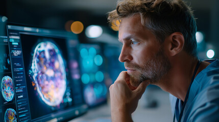 Faceless neuroscientist examining complex brain scans on futuristic digital monitors, conducting advanced medical research and cognitive analysis, defocused neurological investigat