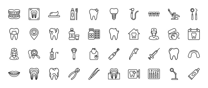 Dentistry line icon set. Vector pictograms of dentures, braces, implant, toothbrush, dentist, chair, xray, floss, syringe, crown and tools, thin outline illustration.