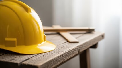 Yellow Hard Hat and Wooden Ruler on Rustic Table