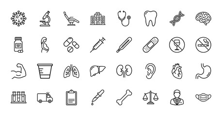 Medical and healthcare line icon set. Vector pictograms of stethoscope, syringe, hospital, ambulance, DNA, virus, thermometer, and human organs, thin outline illustration.