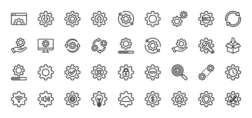 Settings and configuration line icon set. Vector pictograms of gear, cog, wrench, lock, cloud, time, sync, tools, maintenance, thin outline illustration.