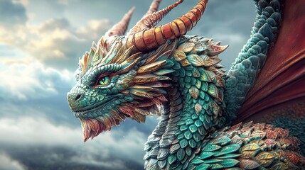 Large dragon with colorful scales and horns rests against a cloudy sky in an unknown fantasy landscape during daytime