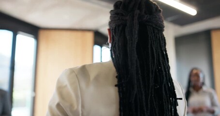 Speaker, event and business woman at seminar for motivational speech, presenter and coaching workshop. Corporate training, public speaking and leadership program with employees at expo for forum