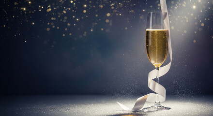 single champagne glass wrapped in white ribbon on dark blue bokeh background for new year celebration