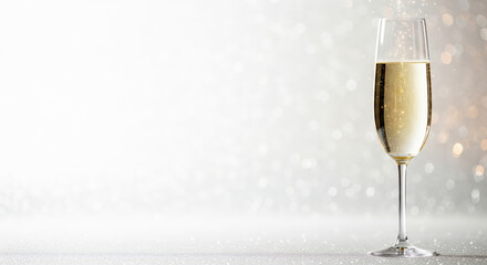 single champagne glass on clean white and silver bokeh background with copy space for christmas and new year
