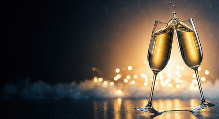 two champagne glasses toasting with liquid splash on warm golden bokeh background for new year celebration