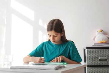 Focused schoolgirl doing homework at home, measuring lines with a ruler and writing in a notebook, sunlight casting soft shadows on the wall, creating a calm and studious learning atmosphere
