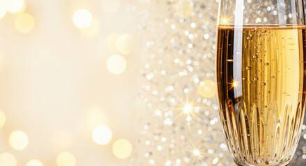 close up of champagne glass with bubbles on sparkling gold and silver bokeh background for celebration