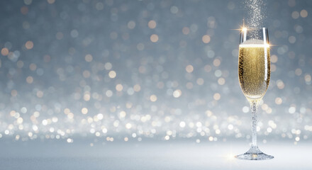 single champagne glass with magical glitter dust on silver blue bokeh background for winter holiday celebration