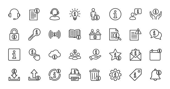 Information and support line icon set. Vector pictograms of help desk, faq, headset, manual, guide, speech bubble, notification, service, thin outline illustration.