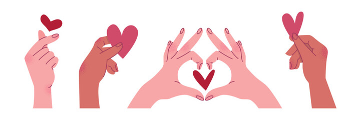 Set of illustrated hands holding hearts. Cute gesture collection for love, support, charity, kindness, Valentine&rsquo;s themes, stickers, and greeting designs. Cartoon set of hands for Valentine's Day. 