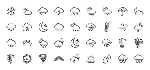 Fototapeta premium Weather line icon set. Vector pictograms of sun, cloud, rain, snow, lightning, storm, wind, moon, thermometer, rainbow, tornado, thin outline illustration.