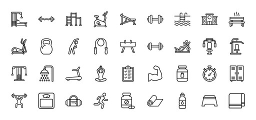 Fitness and gym line icon set. Vector pictograms of treadmill, dumbbell, kettlebell, yoga, swimming, muscle, protein and weightlifting, thin outline illustration.
