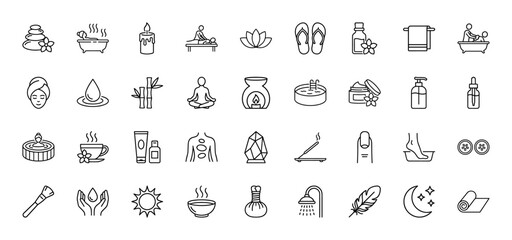 Spa and beauty line icon set. Vector pictograms of massage, sauna, lotus, candle, yoga, cosmetics, bath, manicure, stones, thin outline illustration.