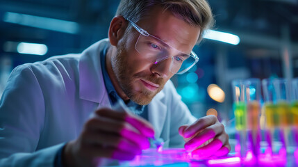 Dedicated faceless scientist conducting advanced research, meticulously examining luminous specimen in cutting-edge laboratory environment, defocused glowing sample analysis, fluor