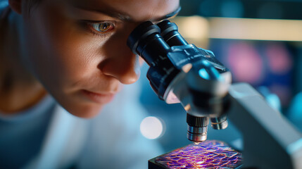 Faceless researcher using microscope to analyze cells in medical lab, conducting scientific research to advance medical knowledge and healthcare, defocused cellular investigation, 