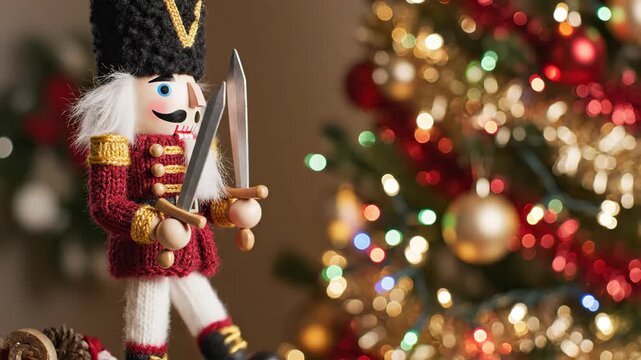 Knitted nutcracker soldier holding a sword near a decorated christmas tree with bokeh lights, a festive holiday ornament.