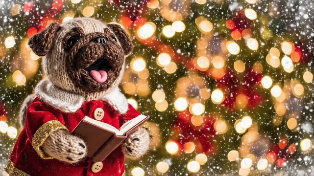 Knitted pug in Santa coat singing carols outdoors. Winter Christmas holiday celebration with falling snow and festive lights.