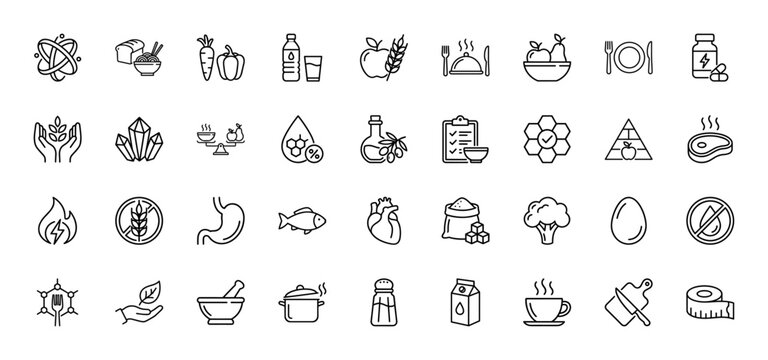 Nutrition and healthy food line icon set. Vector pictograms of apple, carrot, vitamins, stomach, heart, scale, water and measuring tape, thin outline illustration.