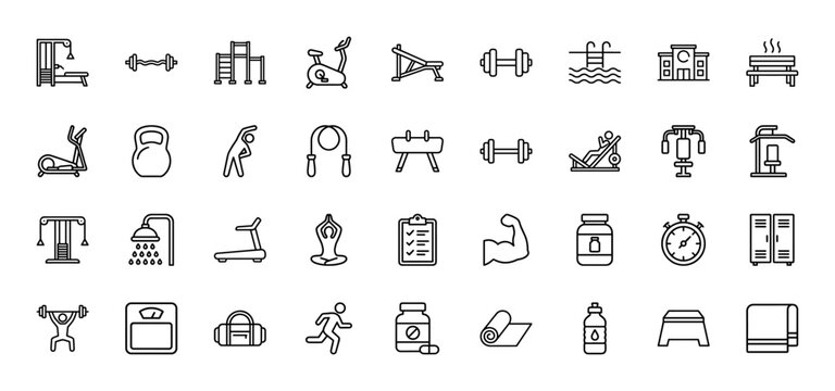 Fitness and gym line icon set. Vector pictograms of treadmill, dumbbell, kettlebell, yoga, swimming, muscle, protein and weightlifting, thin outline illustration.