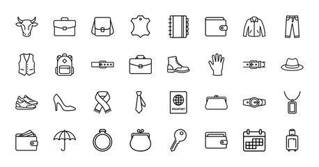 Fototapeta premium Fashion accessories and clothing line icon set. Vector pictograms of jacket, shoe, bag, wallet, belt, hat, passport, ring and suitcase, thin outline illustration.