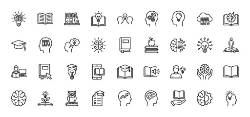 Education and knowledge line icon set. Vector pictograms of brain, book, lightbulb, graduation cap, owl, apple, study, idea, thin outline illustration.