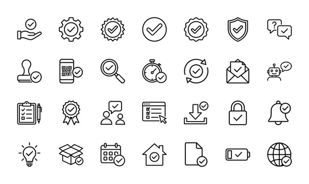 Verification and approval line icon set. Vector pictograms of check mark, badge, shield, document, user, phone, gear, lock, calendar and box. Thin outline illustration.