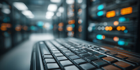 High-tech keyboard resting in a bustling data center surrounded by servers