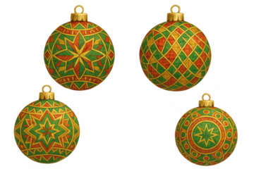 Christmas ornaments set featuring festive green, red, and gold patterns, holiday season decorations, isolated on transparent background