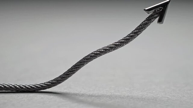A close-up of a twisted metal wire rope resting on a smooth gray surface, showing texture. and grain