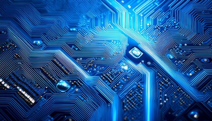 a close up view of a glowing blue circuit board showcasing intricate electronic pathways and components illuminated by a vibrant light source