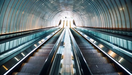 subway station escalators leading to modern future