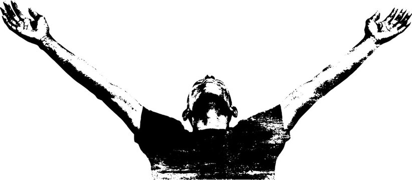 Black and white stencil illustration of a person stretching with outstretched arms