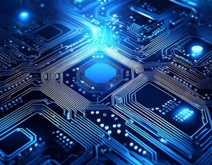a close up view of a glowing blue circuit board with intricate electronic components and illuminated pathways symbolizing advanced technology and digital connectivity