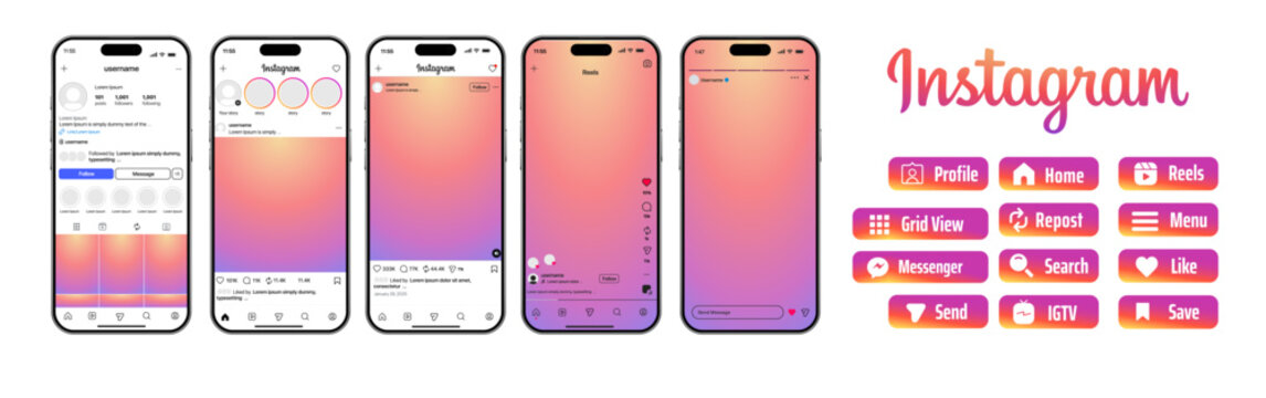 Instagram mockup. Social media mock up template. Set instagram app screens interface template on Iphone smartphone , new update 2025 instagram application, social network, Instagram post, story, reels
