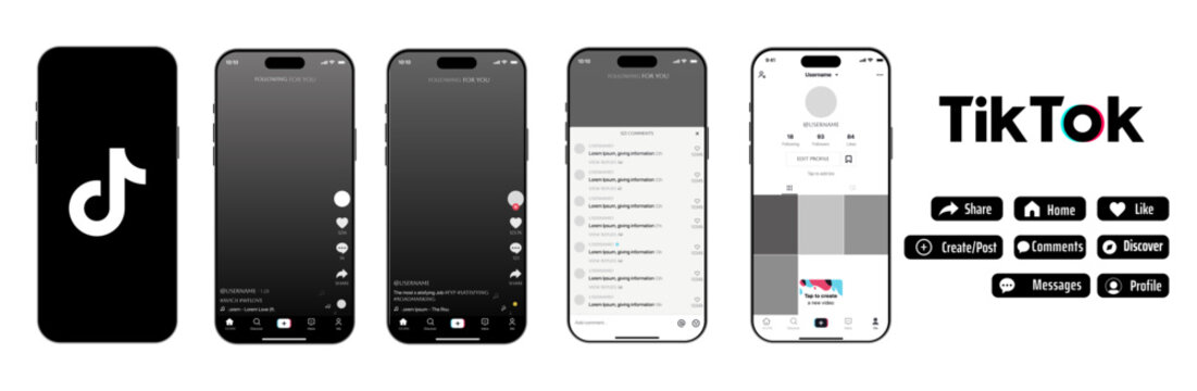 Tik tok mobile App interface template. Tiktok mockup social media template. mobile app interface template on social network. Tiktok Home, User, activity template.	