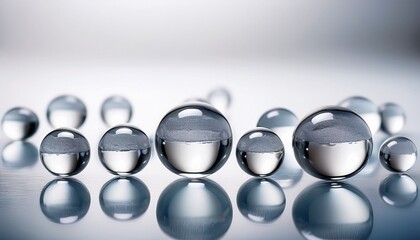 close up of transparent glass spheres with reflective surfaces arranged against a soft white background