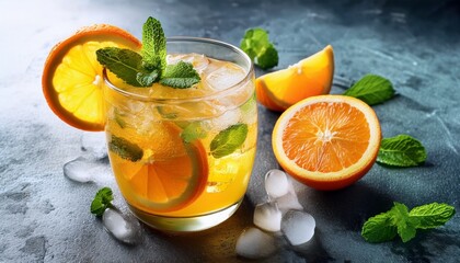 Fototapeta premium a refreshing citrus infused drink garnished with mint and orange slices served on a textured surface with ice cubes