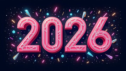 An energetic vector illustration of “2026” in bold Memphis style with neon accents, geometric shapes, and abstract confetti. Ideal for posters, greeting cards, branding