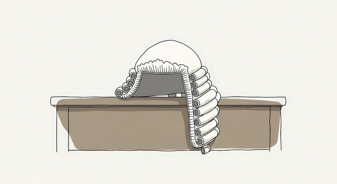 Illustration of a traditional white legal or barrister's wig resting on a wooden desk or table. Represents the historical legal profession.