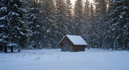 Cozy wooden hut nestled deep within a thick, snowy winter forest at dawn, beautifully illuminated by the soft light of early morning ,snow ,shelter ,frosty