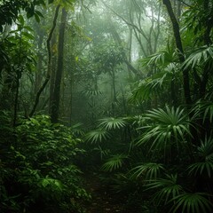 Obraz premium Dense, verdant tropical rainforest ecosystem displaying lush green foliage, high humidity, exotic plants, and dripping water droplets, exotic, wet, verdant